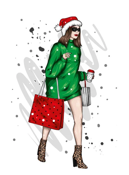 Şık giyinmiş güzel bir kız ve yeni yıl şapkası. Yeni yıl ve Noel, Noel Baba. Moda Biçimi. 