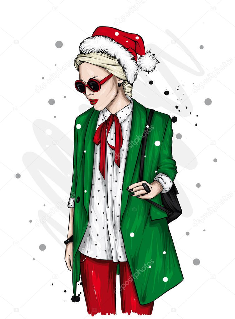 A beautiful girl in stylish clothes and a New Year's hat. New Year and Christmas, Santa Claus. Fashion  Style. 