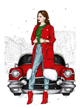 Şık kıyafetler içinde güzel bir kız ve eski model bir araba. Moda & Biçimi.