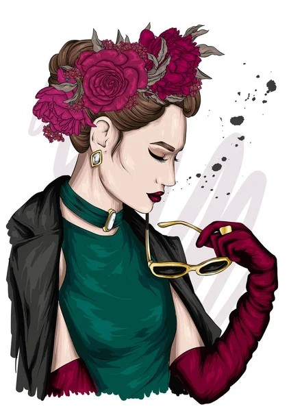 Retrato Una Hermosa Niña Una Corona Floral Moda Estilo — Vector de stock