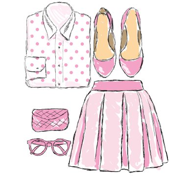 a set of clothes and accessories in pink vector