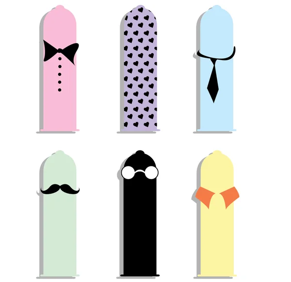 Préservatifs vecteur amusant mignon drôle moustache à porter cravate lunettes — Image vectorielle