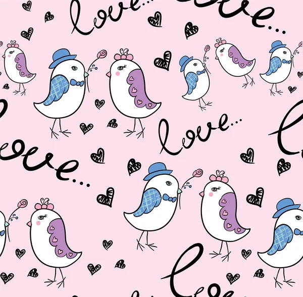 Patrón sin costuras de los pájaros del amor, corazones divertidos lindos — Archivo Imágenes Vectoriales