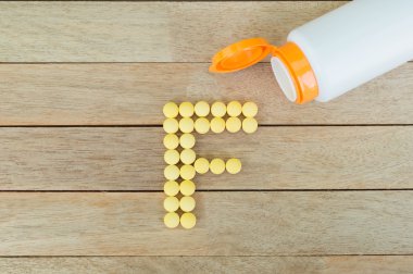 Yellow pills forming shape to F alphabet on wood background clipart