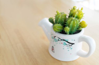 Ahşap arka plan üzerinde yapay kaktüs pot 