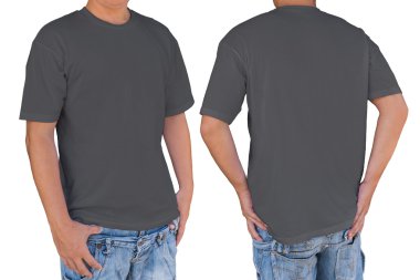 Kırpma yoluyla, boş parlak gri t-shirt giyen ön adam