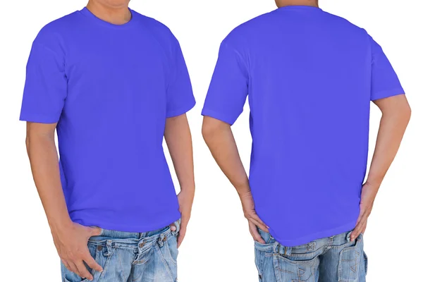 Man met lege lei blauw t-shirt met uitknippad, voorste — Stockfoto