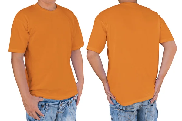 Man met lege helder oranje t-shirt met uitknippad, fron — Stockfoto