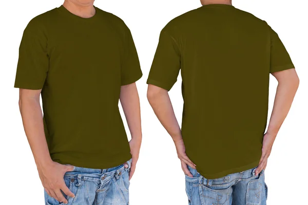 Mann trägt leeres dunkelbronzenes olivfarbenes T-Shirt mit Schneideweg, — Stockfoto