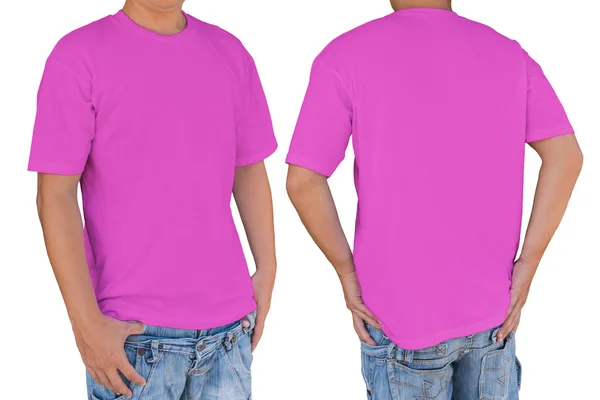 Man wearing blank  soft magenta t-shirt with clipping path, fron — Stock Photo, Image