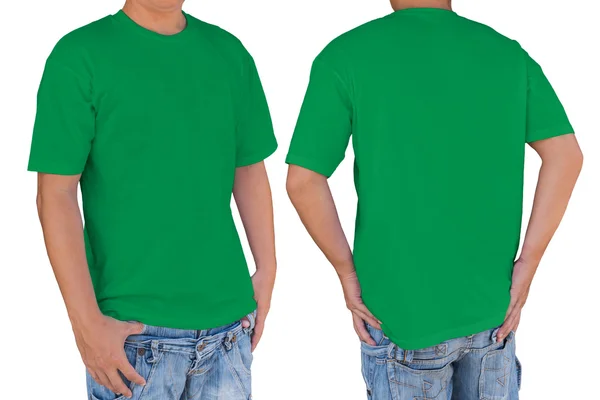Man met lege groene t-shirt met uitknippad, voorste en b — Stockfoto