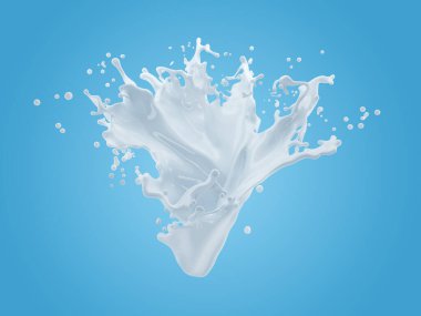 Gradyan mavi arkaplanda kırpma yolu ile süt sıçramasının 3d çizimi
