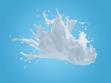 Gradyan mavi arkaplanda kırpma yolu ile süt sıçramasının 3d çizimi