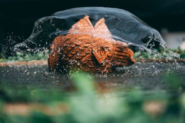 Çamur heykelciğinin üzerinde şeffaf bir su kubbesi oluşturan bir çeşmenin çarpıcı aksiyon sahnesi. Açık hava dekorasyonu kristal berrak damlacıklarla tazeleniyor.
