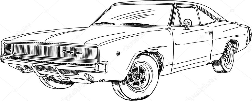 Black and white drawing of a retro car