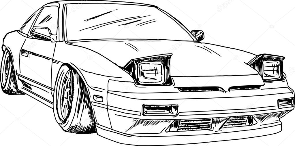 Black and white sketch of two-seater sedan