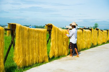 Cu Da Köyü, Hanoi, Vietnam bambu çit üzerinde özel bir Vietnamlı erişte kurutulduktan