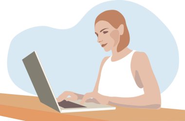 Kadın bilgisayarın başında çalışıyor. Çizim. Beyaz arka planda. Vektör