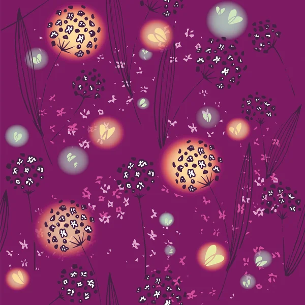 Çiçekler ve fuşya zemin üzerine ateş böcekleri desen