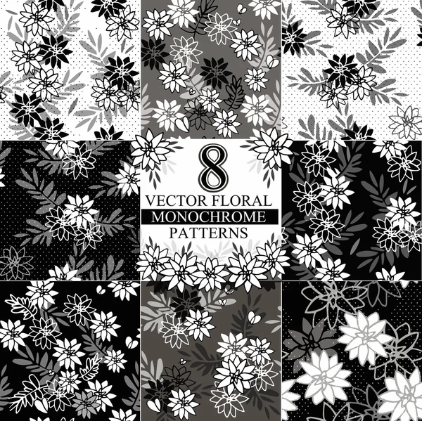 8 vektör çiçek Dikişsiz desen koleksiyonu. Tek renkli, siyah ve beyaz arka planlar