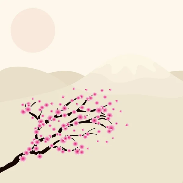 Branche de cerisier oriental contre les montagnes et le soleil — Image vectorielle