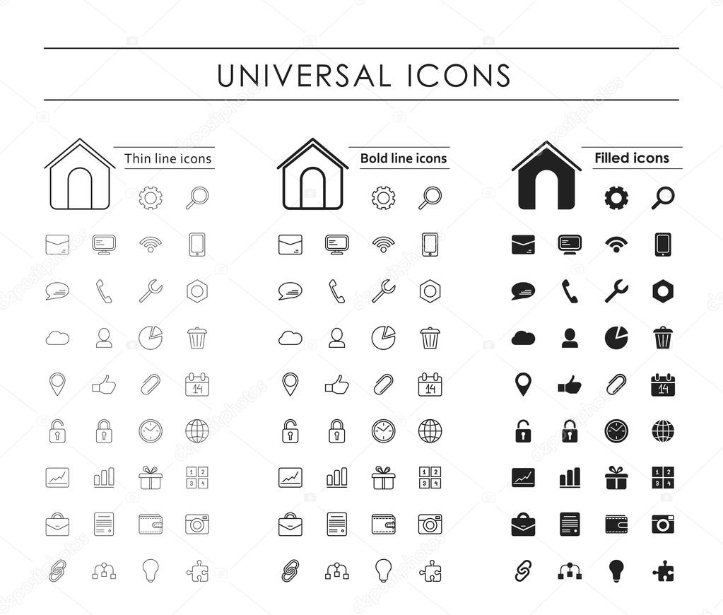 A set of  universal icons, thin line, bold line, fill