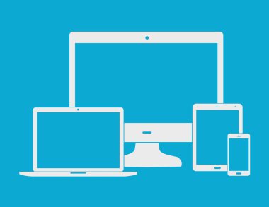 Mavi arka plan üzerinde düz beyaz elektronik cihazlar