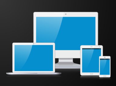 Beyaz monitör, dizüstü bilgisayar, cep telefonu ve tablet Pc ile mavi ekran