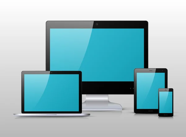 Siyah monitör, dizüstü bilgisayar, cep telefonu ve tablet Pc ile mavi ekran