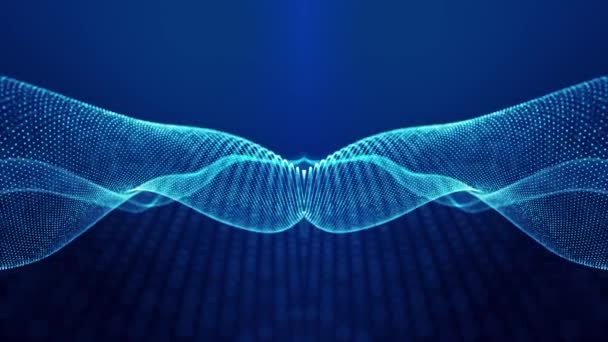 Sci-fi abstraktní téma se zrcadlovými vlnami částic. 4k smyčka abstraktní modré pozadí záře částice tvoří zakřivené čáry, povrchy simmetrické struktury. Digitální bg s hologramem částic.
