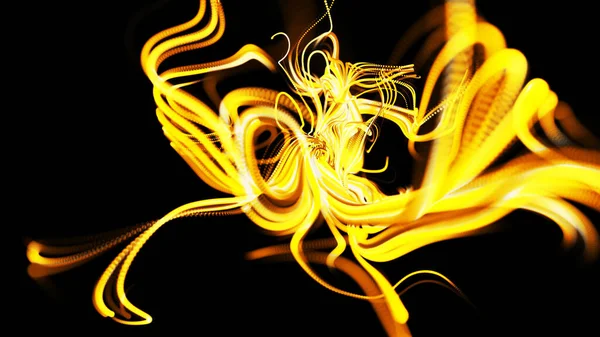 abstract beautiful background of glowing yellow flow of lines made of particles. Lines form abstract beautiful curls in space. Beautiful stream of bunch lines in motion. Beautiful curls. 3d render