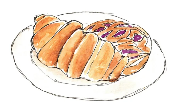 Petit déjeuner aquarelle Croissant et gâteau avec un art au groseille — Photo