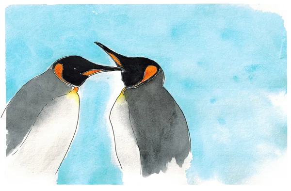Пингвины-акварели на синем фоне — стоковое фото
