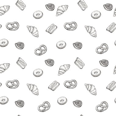 Ekmek yapım ürünleri - kruvasan, puf, çörek, çörek, tekstil, reklam, broşür, beyaz menüsünde brezel tasarım öğesi için seamless modeli arka plan taslağını