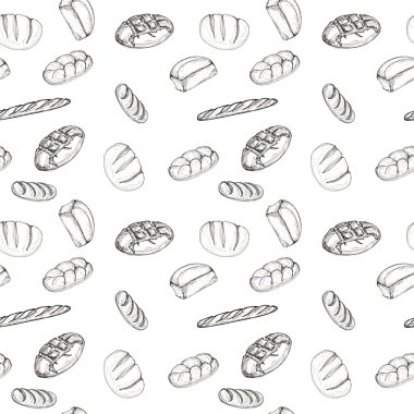 Dikişsiz desen arka plan taslağını Unlu Mamüller - ekmek, baget Tekstil, reklam, broşür, beyaz menüsünde tasarım öğesi
