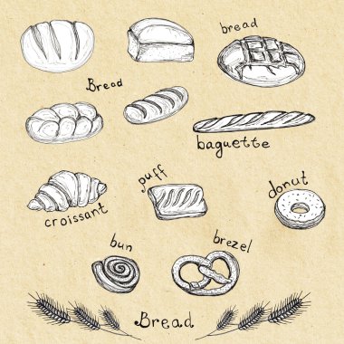 Ekmek yapım ürünleri - ekmek, baget, kruvasan, puf, çörek, çörek, izole brezel kümesini elle çizilmiş kroki. Tekstil, reklam, broşür, menü öğesi için Tasarla