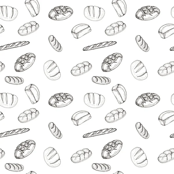 Desenho de fundo sem costura padrão de produtos de padaria - pão, baguete Elemento de design para têxteis, publicidade, brochuras, menu sobre branco — Fotografia de Stock