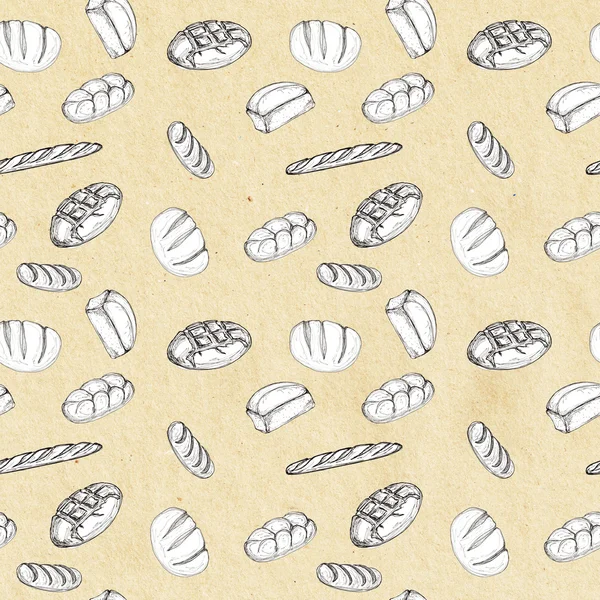 Бесшовный узор фонового рисунка хлебобулочных изделий - хлеб, багет Дизайн элементов для текстиля, рекламы, брошюр, меню — стоковое фото