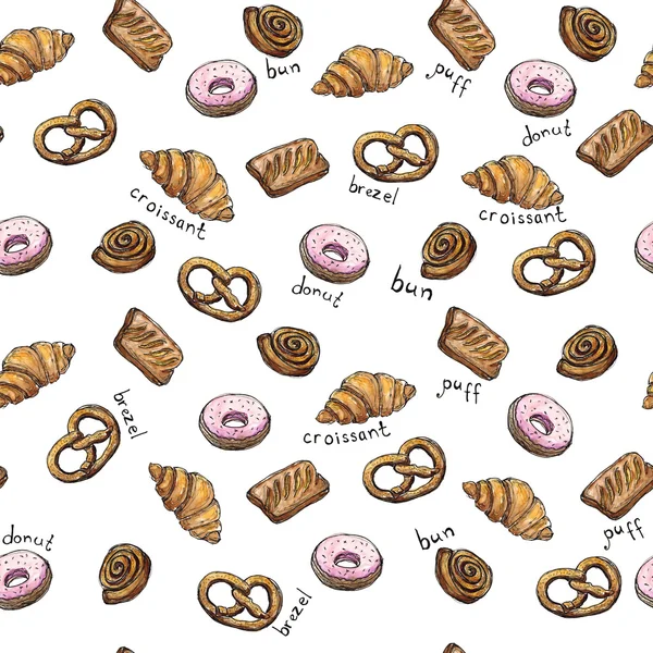 Aquarelle motif sans couture croquis de fond de produits de boulangerie croissant, bouffée, beignet, pain, brezel avec lettrage Élément design pour textiles, publicité, brochures, menu sur blanc — Photo