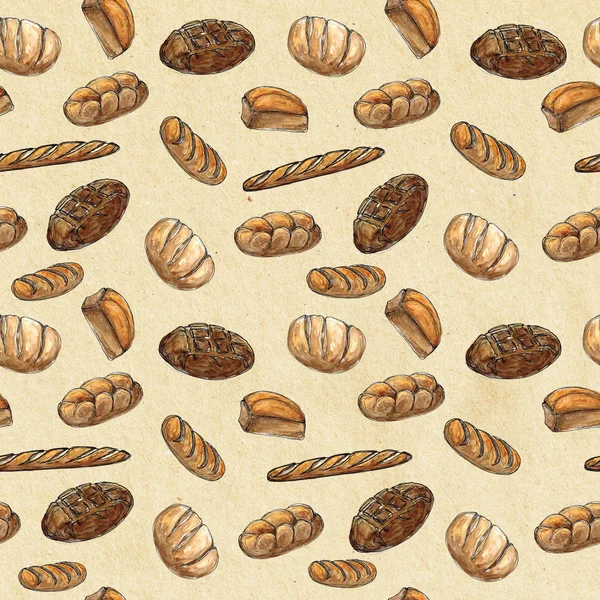 Acuarela Dibujo de fondo sin costuras de productos de panadería - pan, baguette Elemento de diseño para textiles, publicidad, folletos, menú — Foto de Stock