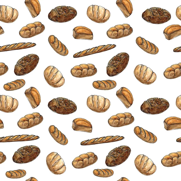 Aquarel Seamless patroon achtergrond schets van bakkerijproducten - brood, stokbrood ontwerpelement voor voor textiel, reclame, brochures, menu op wit — Stockfoto