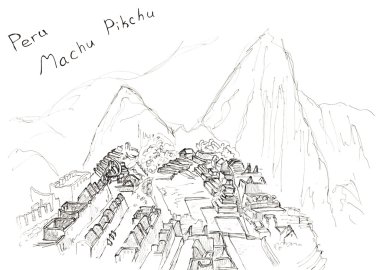 Robot resim çizilmiş Machu Picchu, Peru el, beyaz arka plan üzerinde izole sanat seyahat