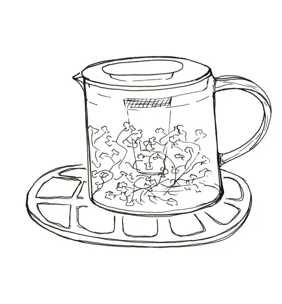 Sketch bule de vidro com chá verde de ervas isolado — Fotografia de Stock