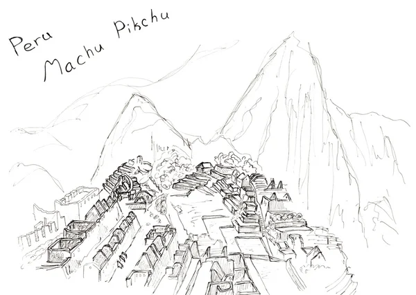 Skiss hand dras Machu Picchu, Peru, resa konst isolerad på vit bakgrund — Stockfoto