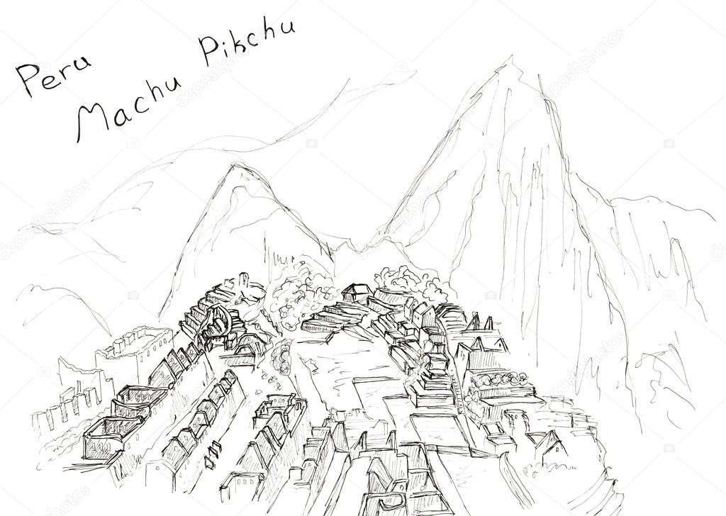 Sketch hand drawn Machu Picchu, Peru, travel art isolated on white background