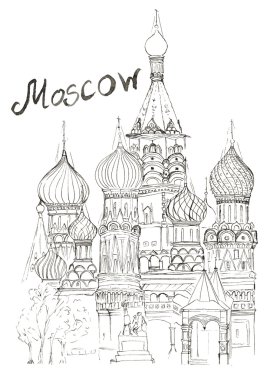 Kroki kırmızı kare kilisede Moskova St Basil's yazı izole