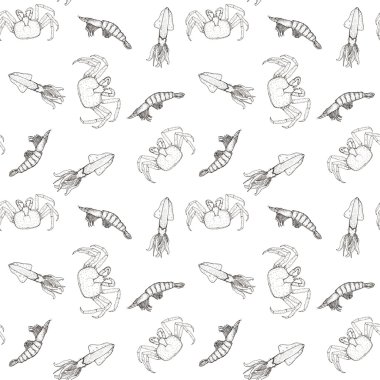 Kırmızı yengeç, karides ve beyaz arka plan üzerinde squid seamless modeli ile deniz ürünleri - kroki