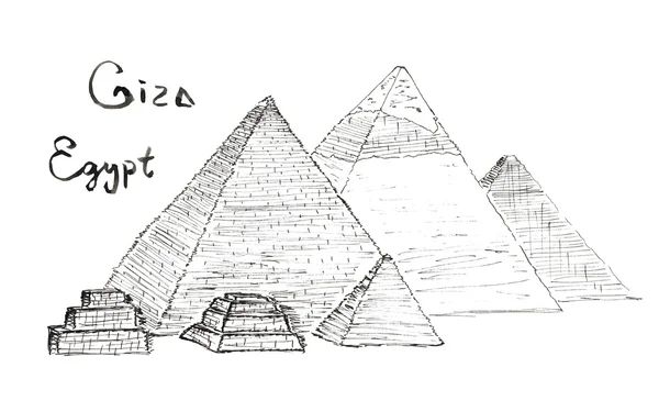 Skizze Pyramiden von Giza, ägyptische Schriftzüge isoliert — Stockfoto