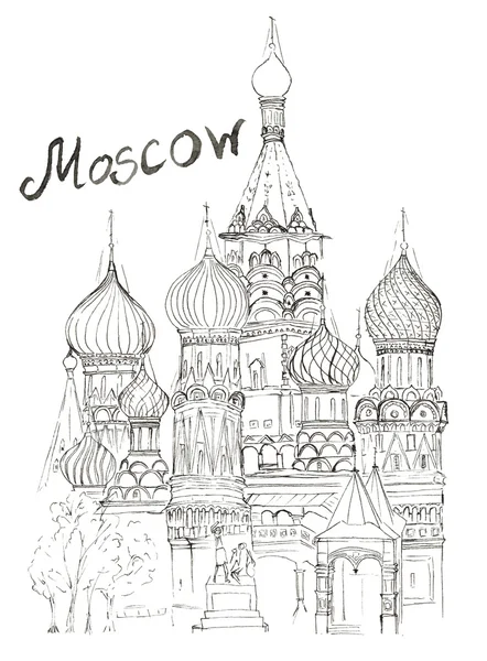 Kroki kırmızı kare kilisede Moskova St Basil's yazı izole