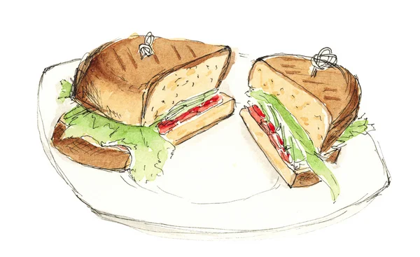 Croquis sandwich à la laitue, tomate et saumon isolé — Photo